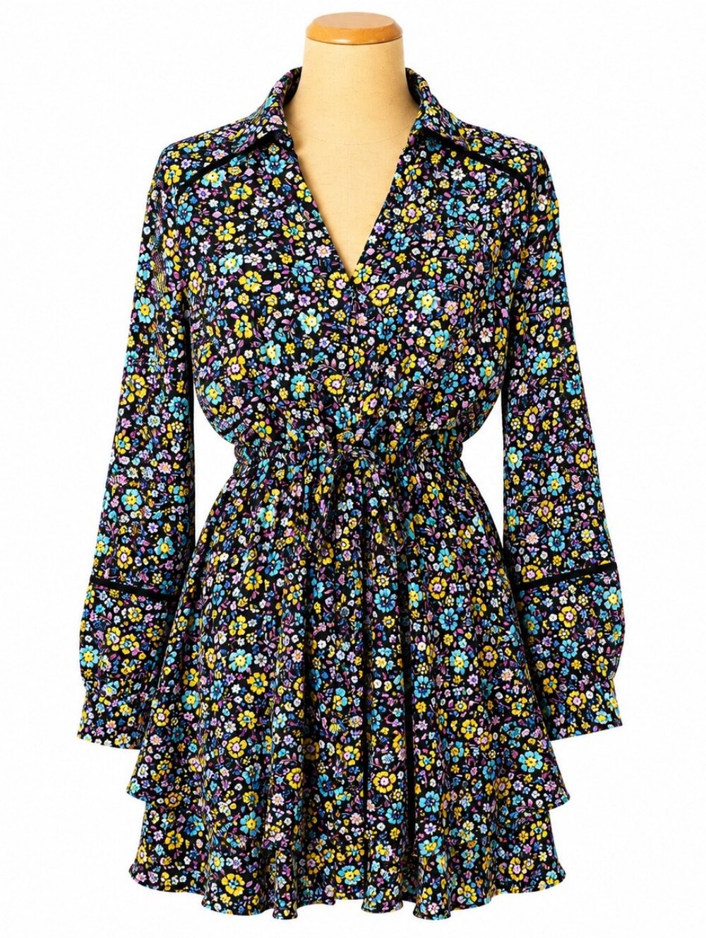 Zara Floral Mini Dress Black Colorful Long Sleeve
